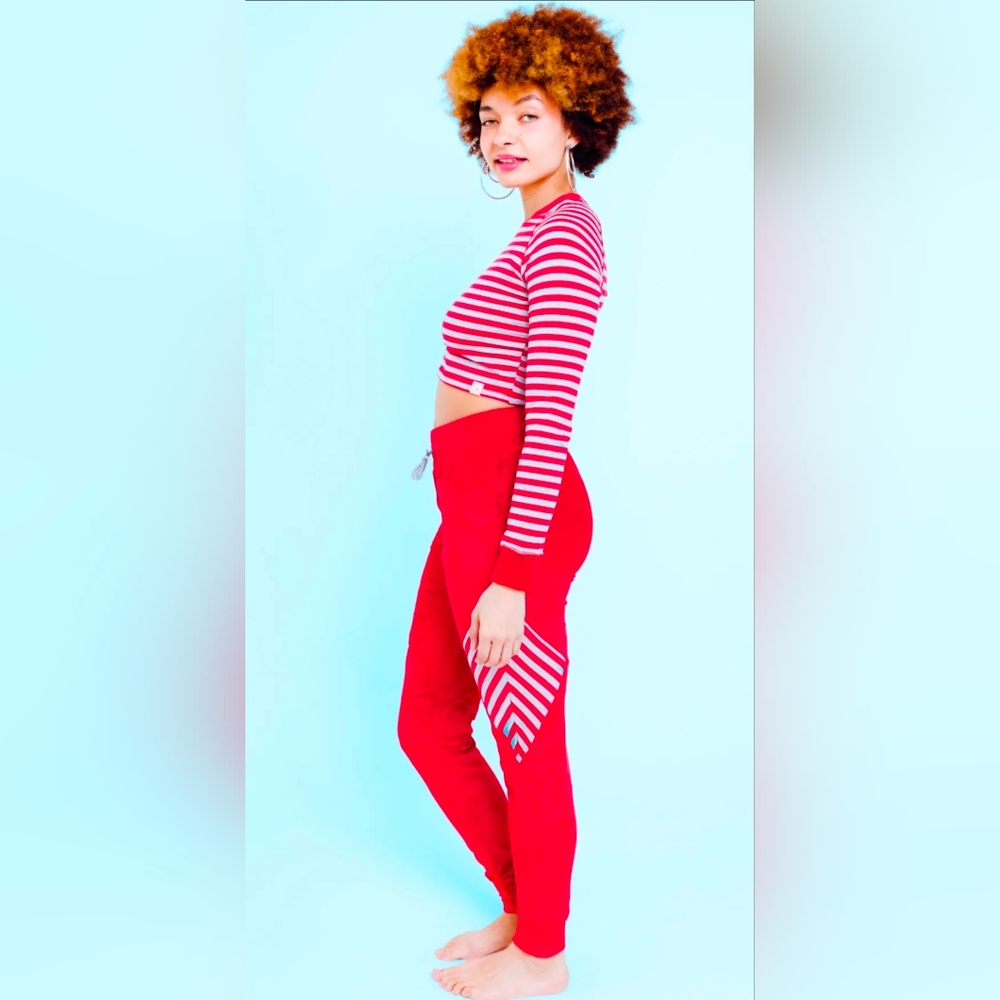 Red and Grey Striped Crop Top and Joggers Set